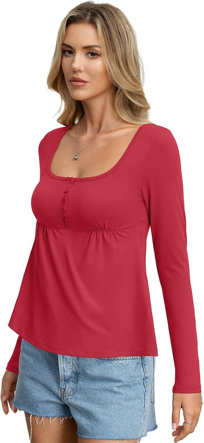 imageWomens Babydoll Long Sleeve Peplum Tops Button Down Square Neck Henley Shirts Cute Going Out Top Winter 2026Red