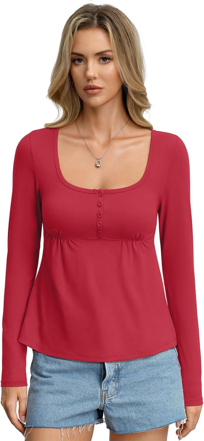 imageWomens Babydoll Long Sleeve Peplum Tops Button Down Square Neck Henley Shirts Cute Going Out Top Winter 2026Red