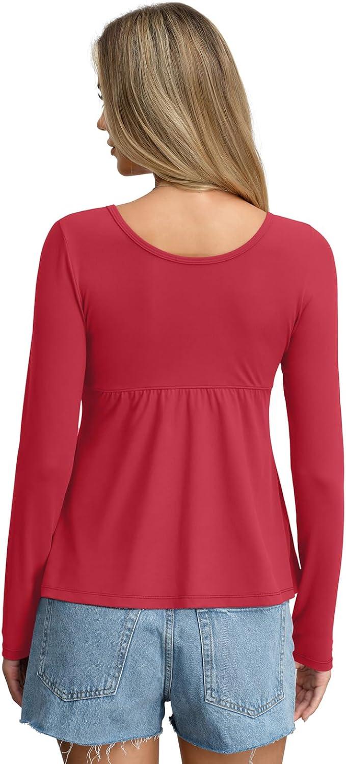 imageWomens Babydoll Long Sleeve Peplum Tops Button Down Square Neck Henley Shirts Cute Going Out Top Winter 2026Red
