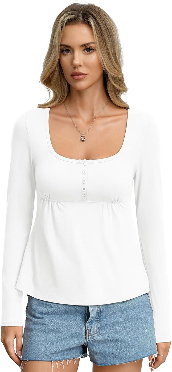 imageWomens Babydoll Long Sleeve Peplum Tops Button Down Square Neck Henley Shirts Cute Going Out Top Winter 2026White