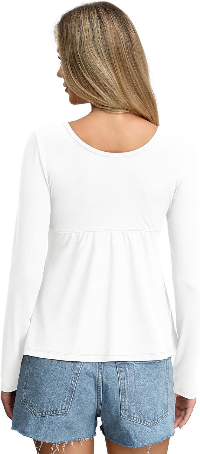 imageWomens Babydoll Long Sleeve Peplum Tops Button Down Square Neck Henley Shirts Cute Going Out Top Winter 2026White