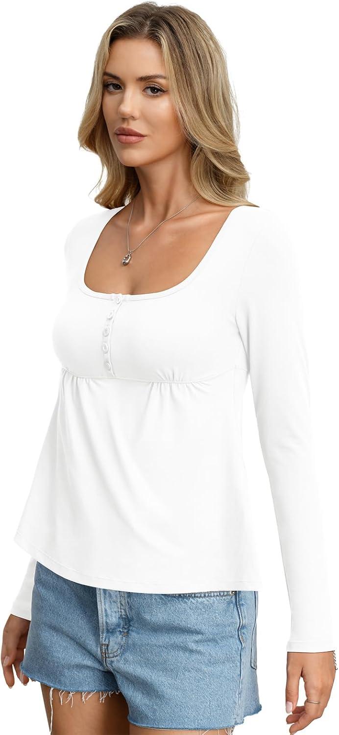 imageWomens Babydoll Long Sleeve Peplum Tops Button Down Square Neck Henley Shirts Cute Going Out Top Winter 2026White
