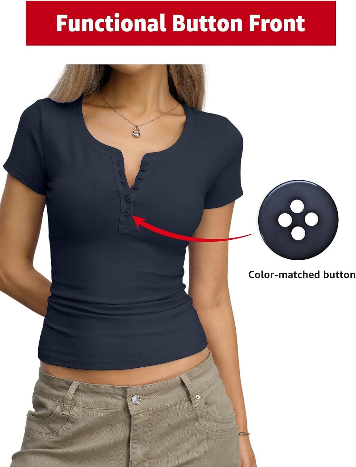 imageWomens Cotton Short Sleeve Henley Shirts Sexy V Neck Tops Slim Fit Basic Casual Tshirts Summer Outfits 2026Navy Blue