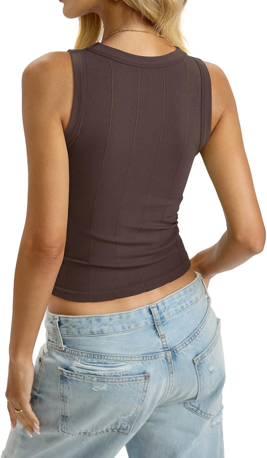imageWomens Ribbed Seamless Tank Knit Crew Neck Shirt Summer Fitted Sleeveless Top Casual Basic High Neck ClothesBrown