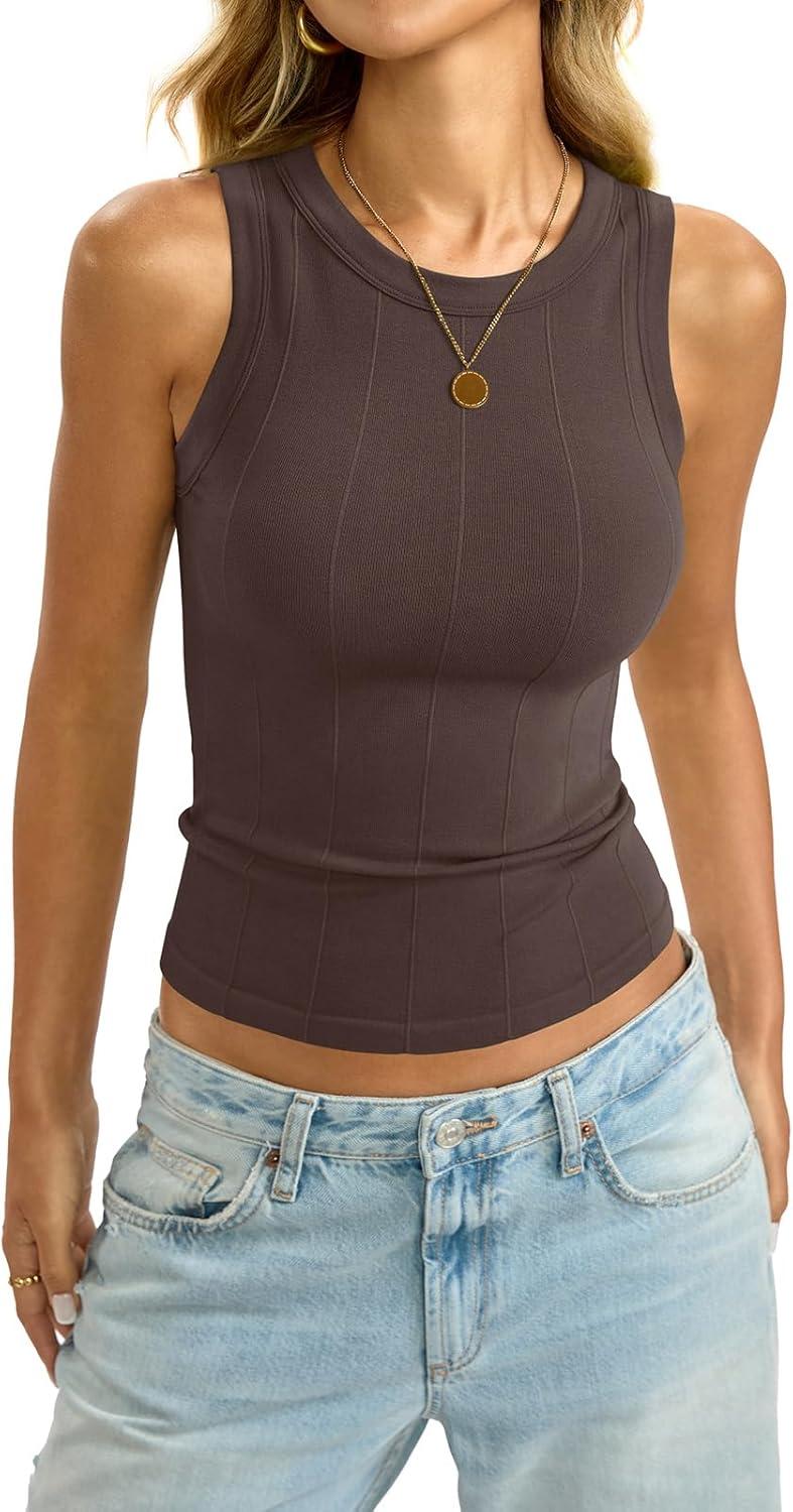 imageWomens Ribbed Seamless Tank Knit Crew Neck Shirt Summer Fitted Sleeveless Top Casual Basic High Neck ClothesBrown