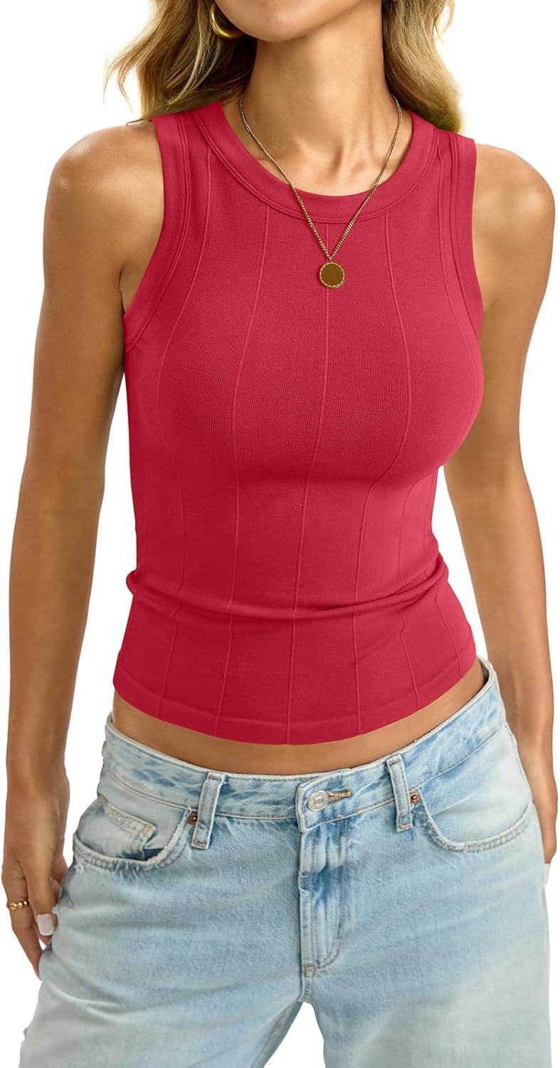 imageWomens Ribbed Seamless Tank Knit Crew Neck Shirt Summer Fitted Sleeveless Top Casual Basic High Neck ClothesRed