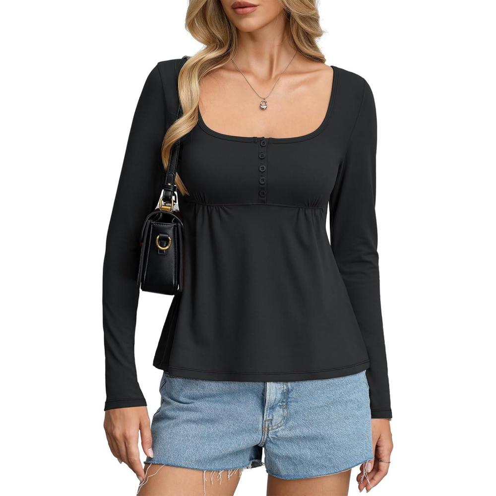 imageWomens Babydoll Long Sleeve Peplum Tops Button Down Square Neck Henley Shirts Cute Going Out Top Winter 2026Black