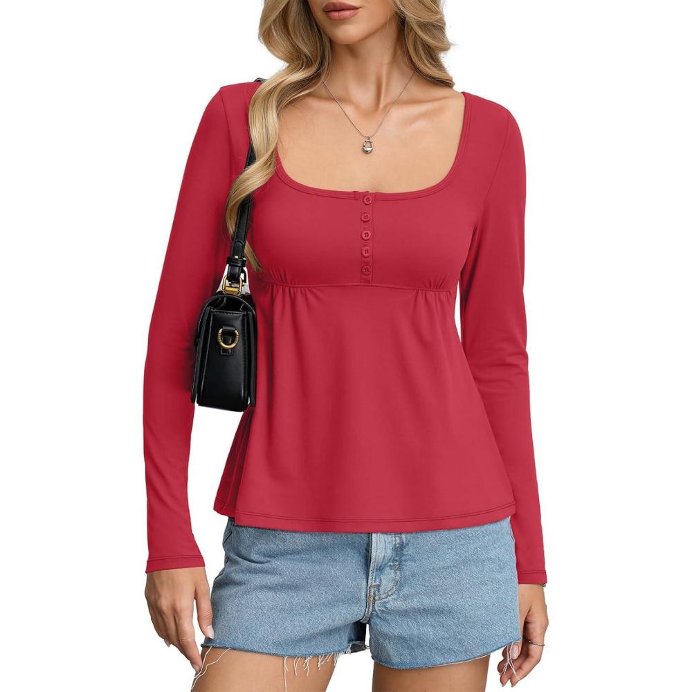imageWomens Babydoll Long Sleeve Peplum Tops Button Down Square Neck Henley Shirts Cute Going Out Top Winter 2026Red