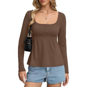 Womens Babydoll Long Sleeve Peplum Tops Button Down Square Neck Henley Shirts Cute Going Out Top Winter 2026(Coffee Brown)