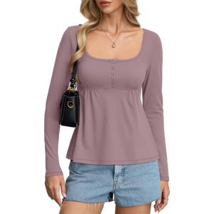 Womens Babydoll Long Sleeve Peplum Tops Button Down Square Neck Henley Shirts Cute Going Out Top Winter 2026(Grey Pink)