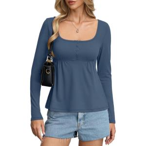 Womens Babydoll Long Sleeve Peplum Tops Button Down Square Neck Henley Shirts Cute Going Out Top Winter 2026(Navy Blue)