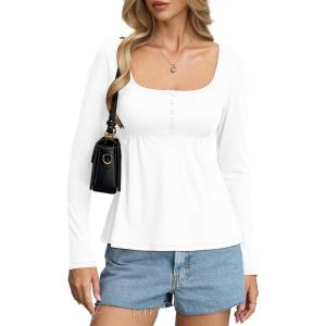 Womens Babydoll Long Sleeve Peplum Tops Button Down Square Neck Henley Shirts Cute Going Out Top Winter 2026(White)