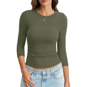 Womens Cotton 3/4 Length Sleeve Tops Crew Neck Slim Fit Shirts Basic Going Out Tops Casual Spring Fashion 2026(Army Green)