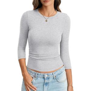 Womens Cotton 3/4 Length Sleeve Tops Crew Neck Slim Fit Shirts Basic Going Out Tops Casual Spring Fashion 2026(Light Heather Grey)