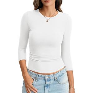 Womens Cotton 3/4 Length Sleeve Tops Crew Neck Slim Fit Shirts Basic Going Out Tops Casual Spring Fashion 2026(True White)