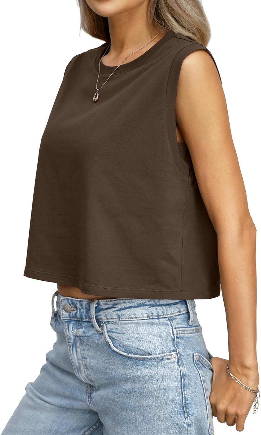 imageWomens Cotton Loose Fit Crop Tank Tops Basic Crewneck Sleeveless Tee Casual Workout Summer Going Out OutfitsBrown