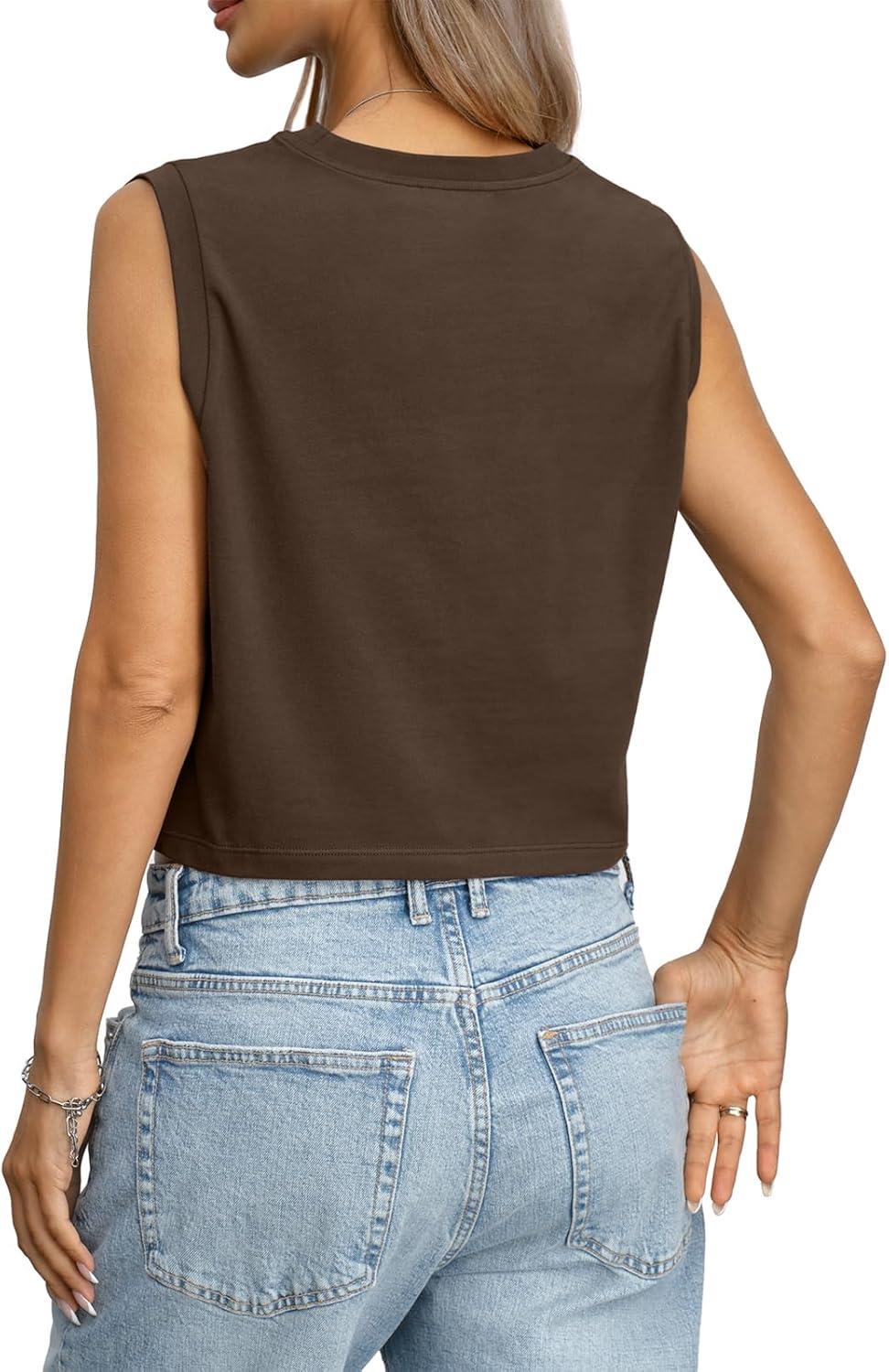 imageWomens Cotton Loose Fit Crop Tank Tops Basic Crewneck Sleeveless Tee Casual Workout Summer Going Out OutfitsBrown