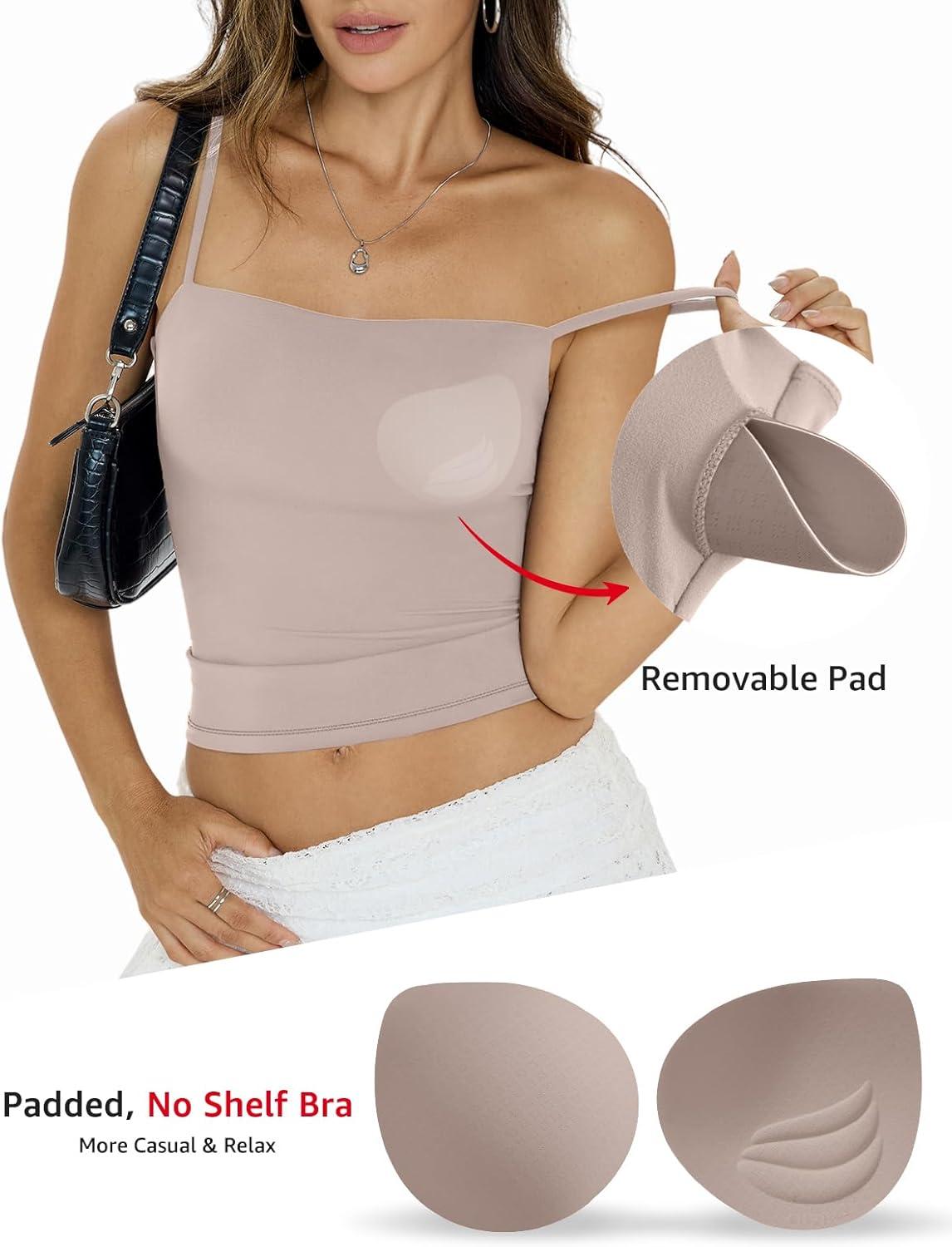 imageWomens Padded Double Lined Crop Tank Tops Square Neck Built in Bra Tops Adjustable Spaghetti Strap Cami ShirtsApricot