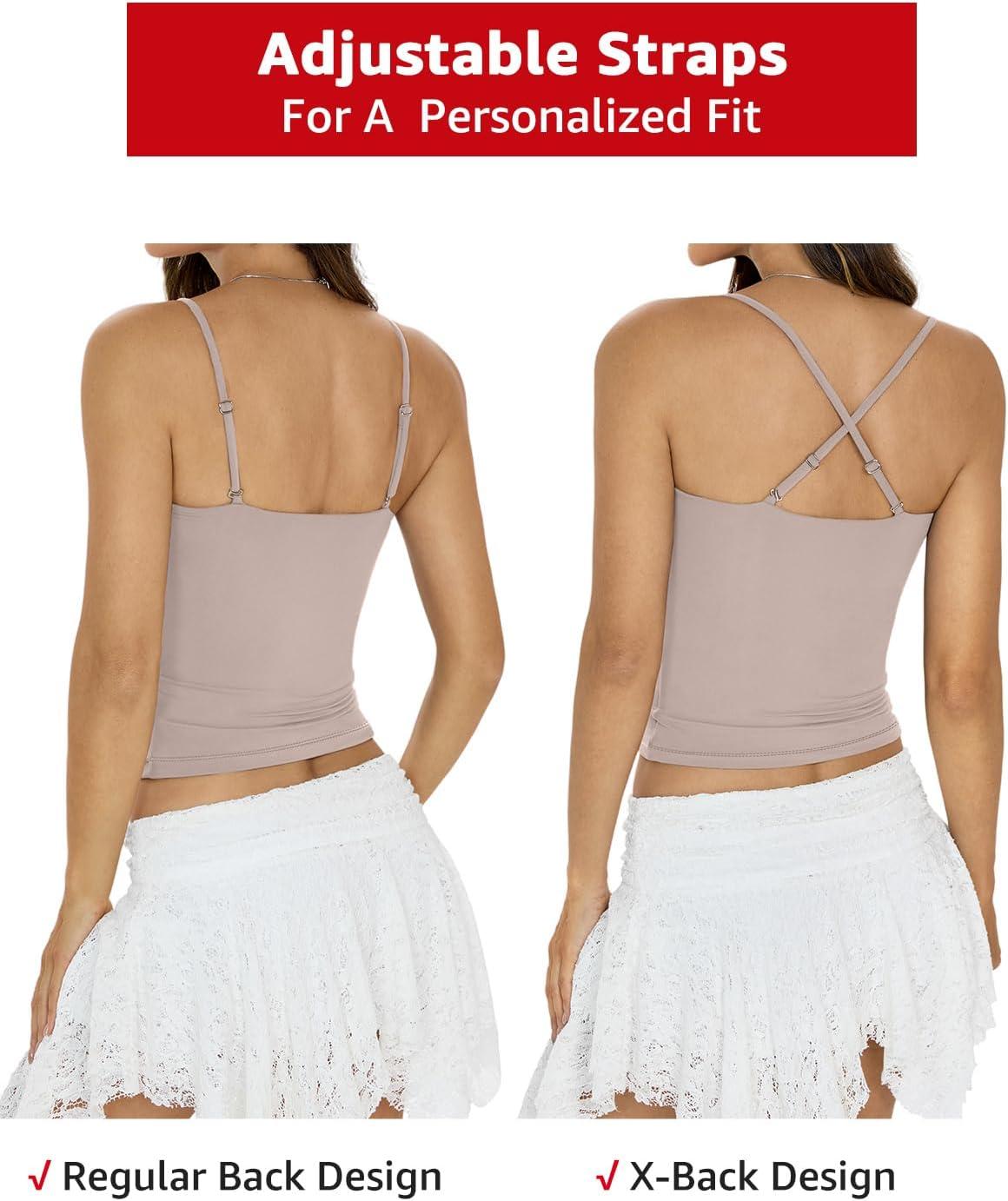 imageWomens Padded Double Lined Crop Tank Tops Square Neck Built in Bra Tops Adjustable Spaghetti Strap Cami ShirtsApricot