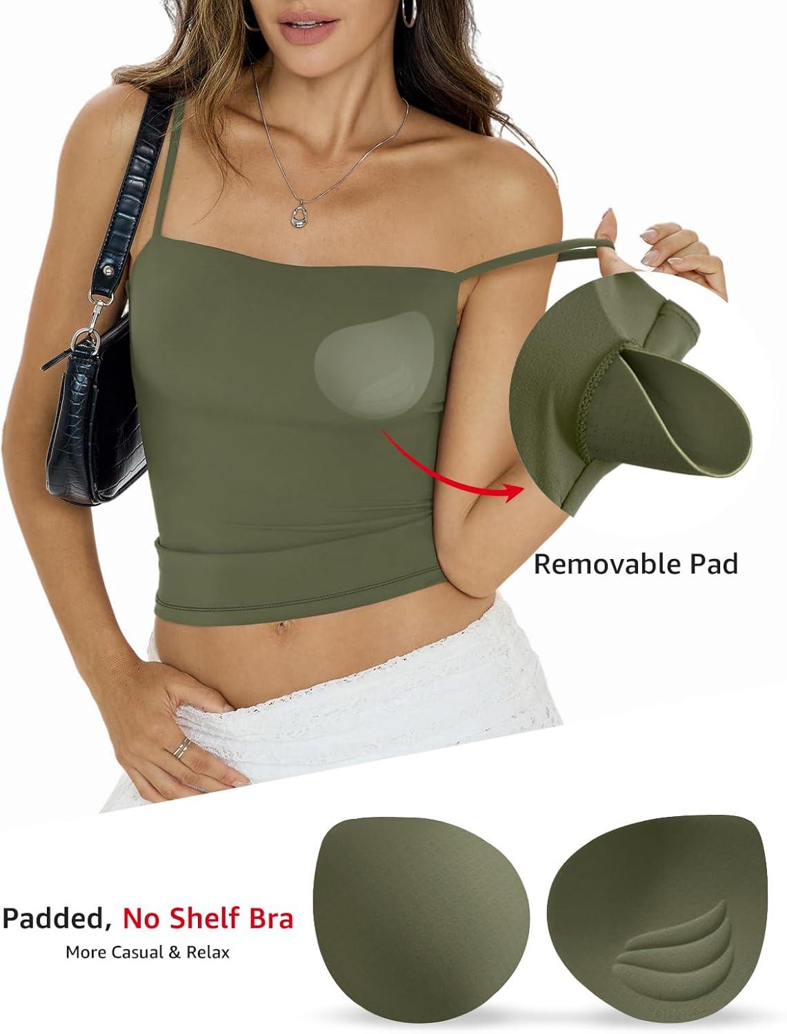 imageWomens Padded Double Lined Crop Tank Tops Square Neck Built in Bra Tops Adjustable Spaghetti Strap Cami ShirtsArmy Green