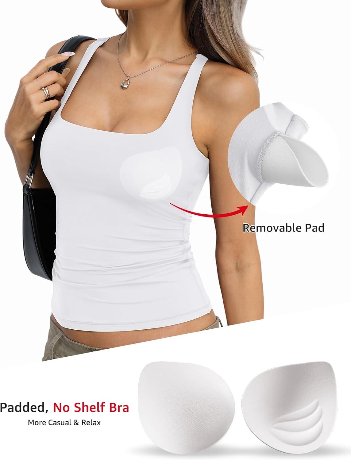 imageWomens Padded Double Lined Tank Tops Square Neck Racerback Built in Bra Tops Sleeveless Fitted Summer ClothesWhite