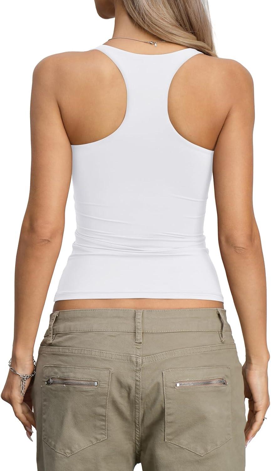imageWomens Padded Double Lined Tank Tops Square Neck Racerback Built in Bra Tops Sleeveless Fitted Summer ClothesWhite