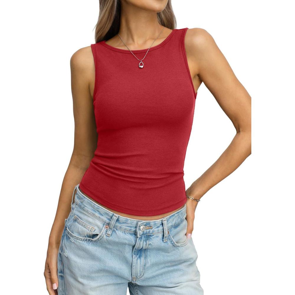 imageWomen Cotton Ribbed Tank High Neck Sleeveless Shirts Basic Summer Going Out Top Cute Slim Fitted Clothes 2026Red