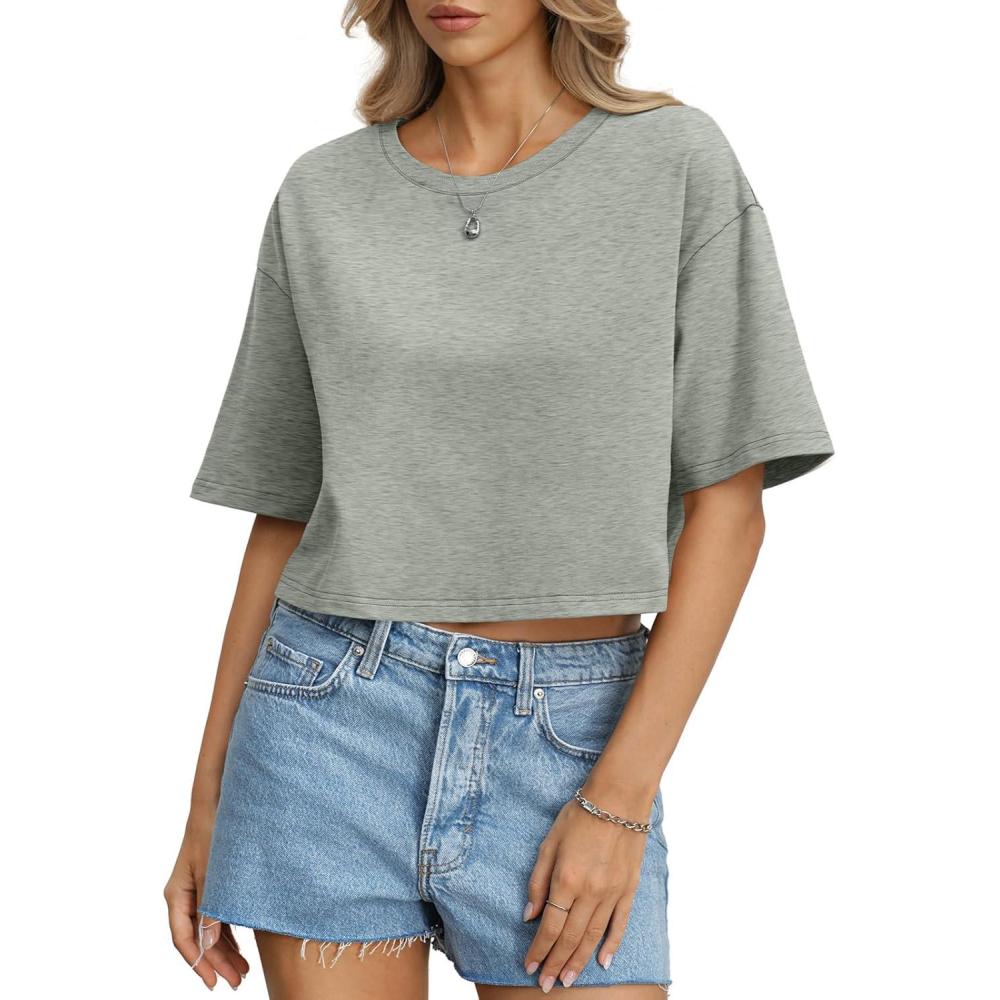 imageWomens Cotton Boxy Crop Tops Drop Shoulder Loose Fit TShirts Trendy Crew Neck Basic Tees Yoga Casual ClothesGrey