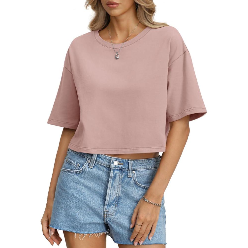 imageWomens Cotton Boxy Crop Tops Drop Shoulder Loose Fit TShirts Trendy Crew Neck Basic Tees Yoga Casual ClothesPink