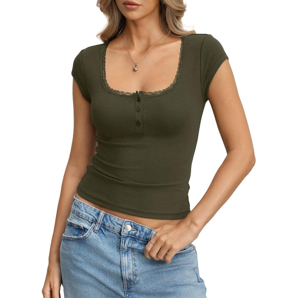 imageWomens Cotton Ribbed Cap Sleeve Tops Lace Henley Button Down Shirts Cute Crop Tshirts Fitted Going Out ClothesArmy Green