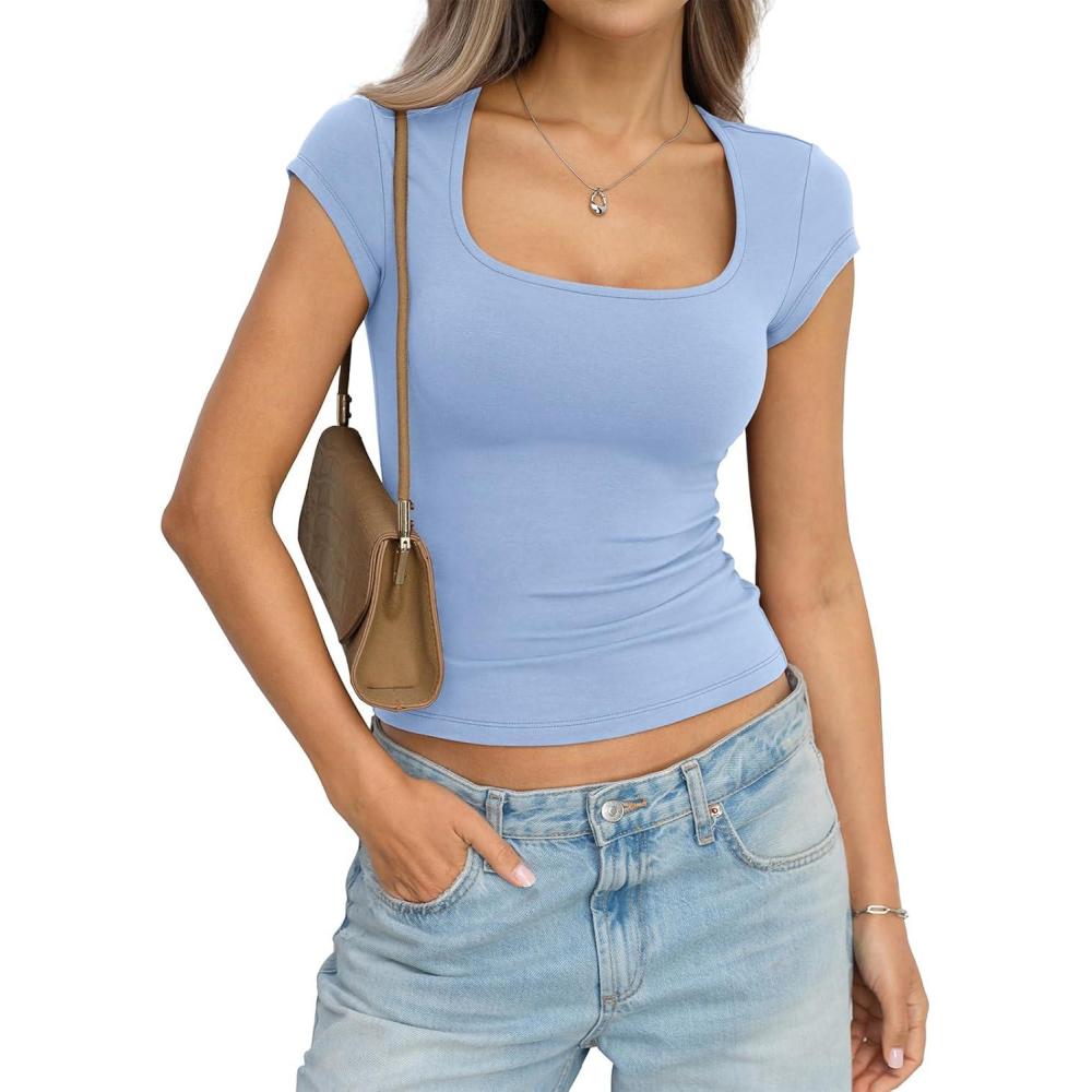 imageWomens Cotton Square Neck Short Sleeve Shirts Slim Fit Cap Sleeve Tops Summer Basic Low Cut Tee Fashion ClothesBaby Blue