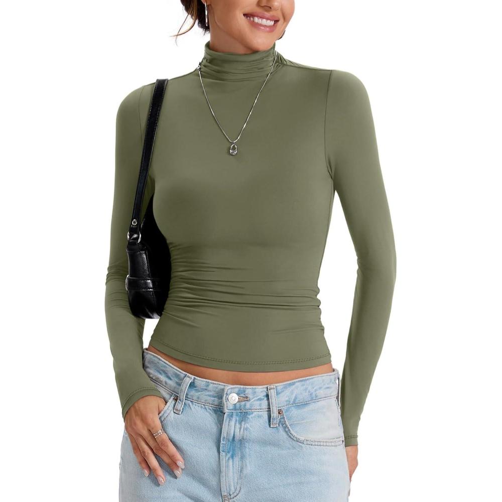 imageWomens Double Lined Turtleneck T Shirts Back Zipper Long Sleeve Shirts Fitted Basic Undershirts Fall OufitsArmy Green
