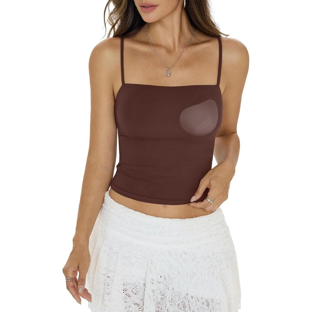 imageWomens Padded Double Lined Crop Tank Tops Square Neck Built in Bra Tops Adjustable Spaghetti Strap Cami ShirtsBrown
