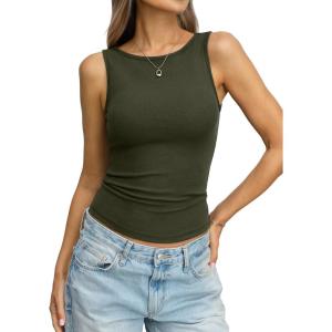 Women Cotton Ribbed Tank High Neck Sleeveless Shirts Basic Summer Going Out Top Cute Slim Fitted Clothes 2026(Army Green)