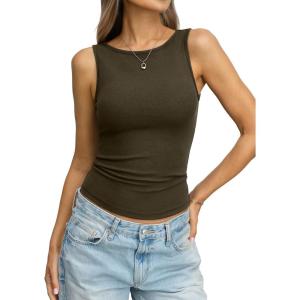 Women Cotton Ribbed Tank High Neck Sleeveless Shirts Basic Summer Going Out Top Cute Slim Fitted Clothes 2026(Brown)