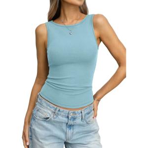 Women Cotton Ribbed Tank High Neck Sleeveless Shirts Basic Summer Going Out Top Cute Slim Fitted Clothes 2026(Light Blue)