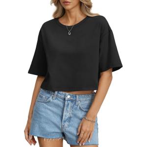 Womens Cotton Boxy Crop Tops Drop Shoulder Loose Fit T-Shirts Trendy Crew Neck Basic Tees Yoga Casual Clothes(Black)