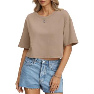 Womens Cotton Boxy Crop Tops Drop Shoulder Loose Fit T-Shirts Trendy Crew Neck Basic Tees Yoga Casual Clothes(Khaki)