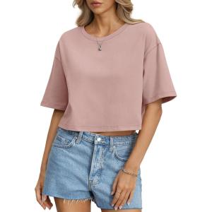 Womens Cotton Boxy Crop Tops Drop Shoulder Loose Fit T-Shirts Trendy Crew Neck Basic Tees Yoga Casual Clothes(Pink)