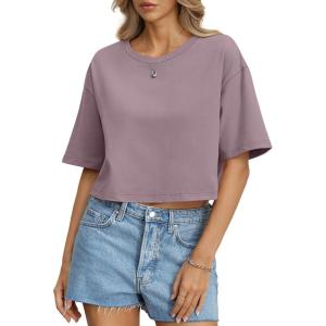 Womens Cotton Boxy Crop Tops Drop Shoulder Loose Fit T-Shirts Trendy Crew Neck Basic Tees Yoga Casual Clothes(Purple)