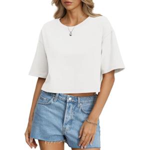 Womens Cotton Boxy Crop Tops Drop Shoulder Loose Fit T-Shirts Trendy Crew Neck Basic Tees Yoga Casual Clothes(White)
