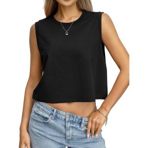Womens Cotton Loose Fit Crop Tank Tops Basic Crewneck Sleeveless Tee Casual Workout Summer Going Out Outfits(Black)