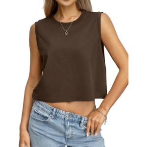 Womens Cotton Loose Fit Crop Tank Tops Basic Crewneck Sleeveless Tee Casual Workout Summer Going Out Outfits(Brown)