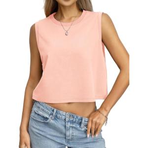 Womens Cotton Loose Fit Crop Tank Tops Basic Crewneck Sleeveless Tee Casual Workout Summer Going Out Outfits(Pink)