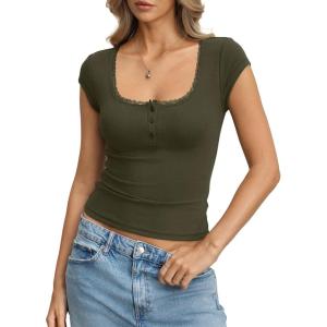 Womens Cotton Ribbed Cap Sleeve Tops Lace Henley Button Down Shirts Cute Crop Tshirts Fitted Going Out Clothes(Army Green)