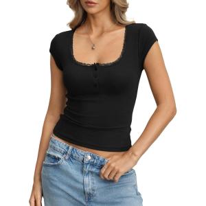 Womens Cotton Ribbed Cap Sleeve Tops Lace Henley Button Down Shirts Cute Crop Tshirts Fitted Going Out Clothes(Black)