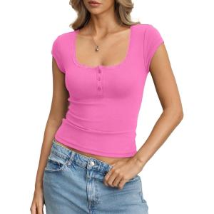 Womens Cotton Ribbed Cap Sleeve Tops Lace Henley Button Down Shirts Cute Crop Tshirts Fitted Going Out Clothes(Pink)