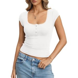 Womens Cotton Ribbed Cap Sleeve Tops Lace Henley Button Down Shirts Cute Crop Tshirts Fitted Going Out Clothes(White)