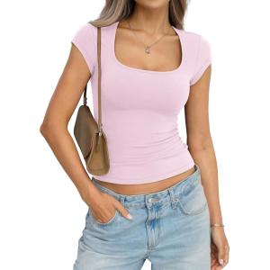 Womens Cotton Square Neck Short Sleeve Shirts Slim Fit Cap Sleeve Tops Summer Basic Low Cut Tee Fashion Clothes(Baby Pink)