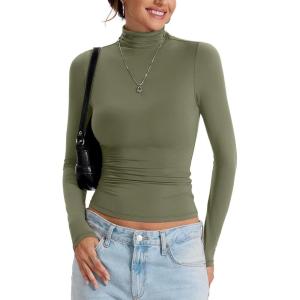 Womens Double Lined Turtleneck T Shirts Back Zipper Long Sleeve Shirts Fitted Basic Undershirts Fall Oufits(Army Green)